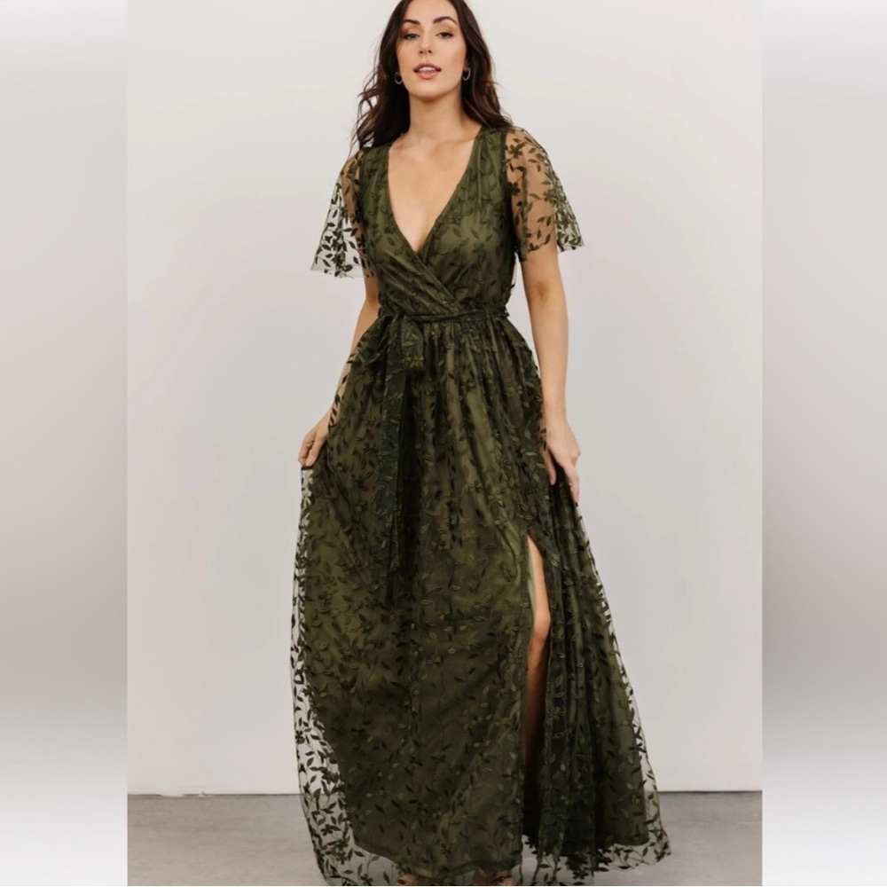 Baltic Born Olive Green Marseille Embossed Maxi Dress